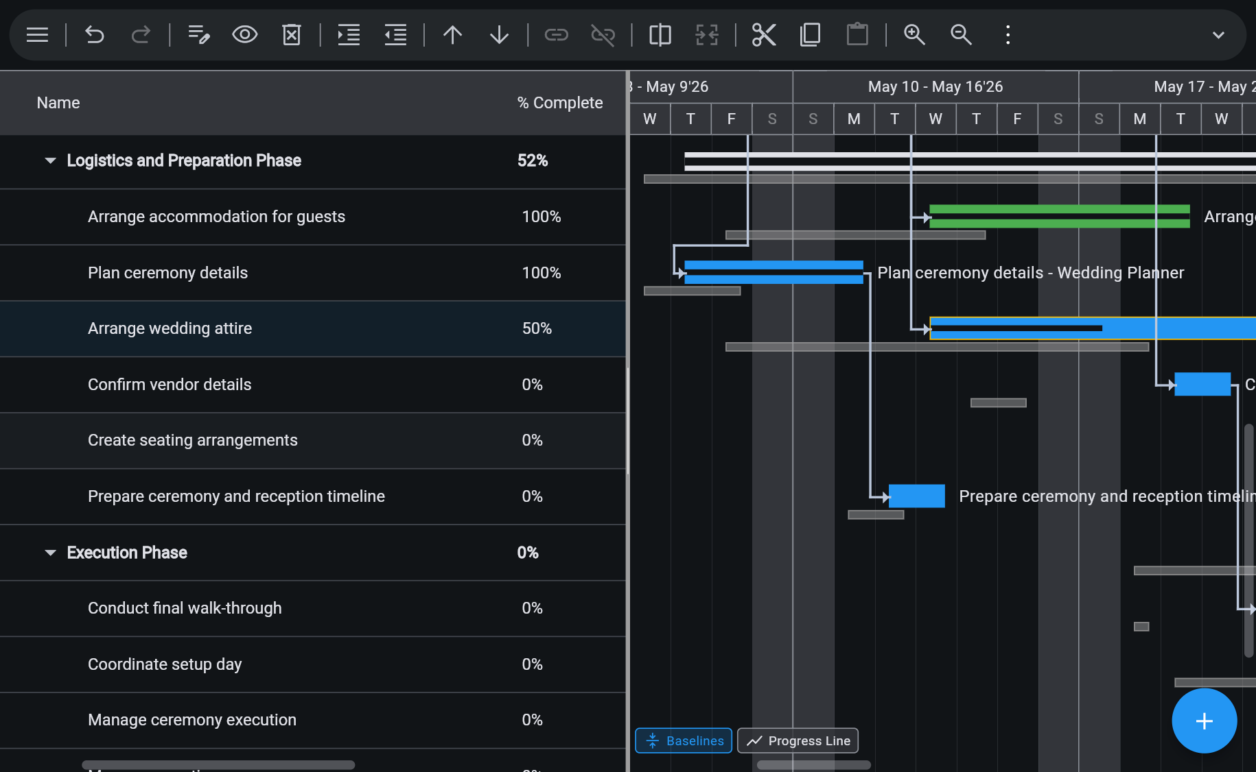 Ingantt Gantt with a % Complete column and baseline bars under each task bar, plus Baselines and Progress Line toggles