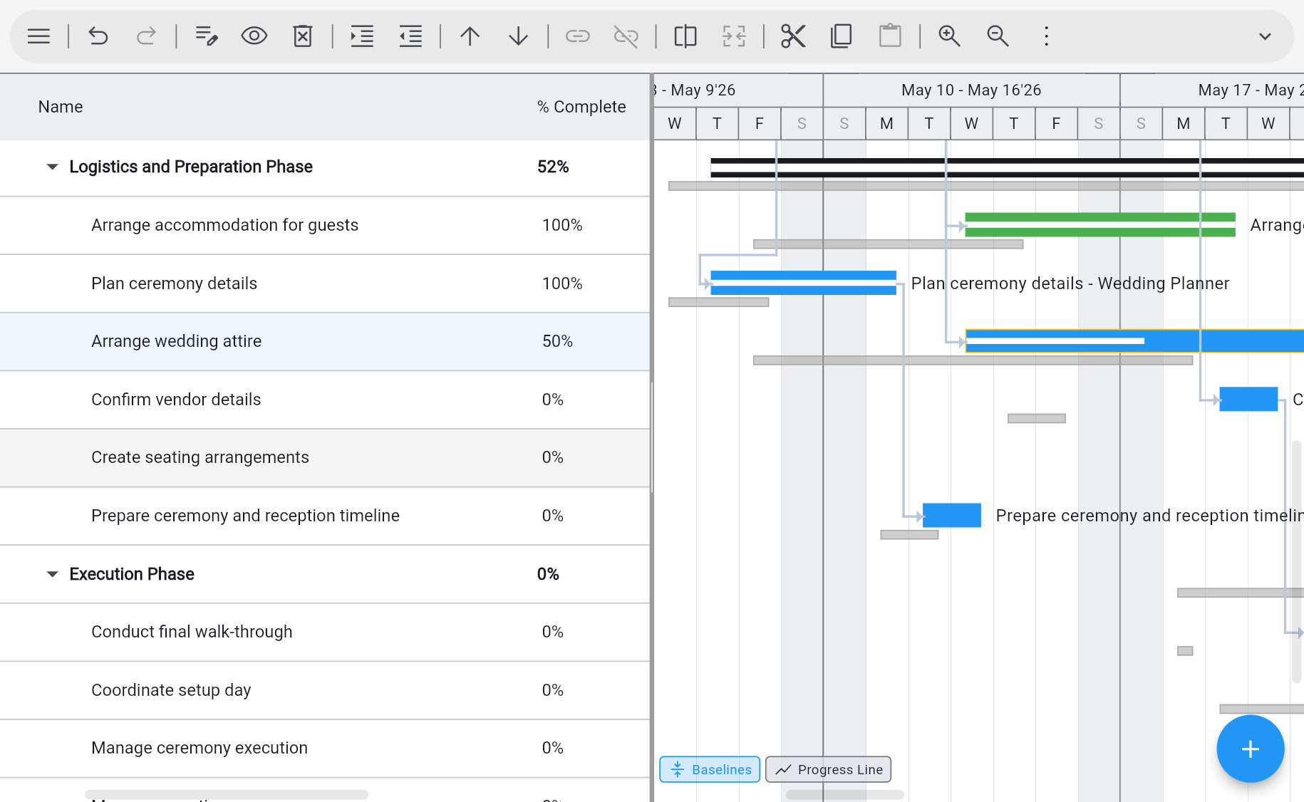 Ingantt Gantt with a % Complete column and baseline bars under each task bar, plus Baselines and Progress Line toggles