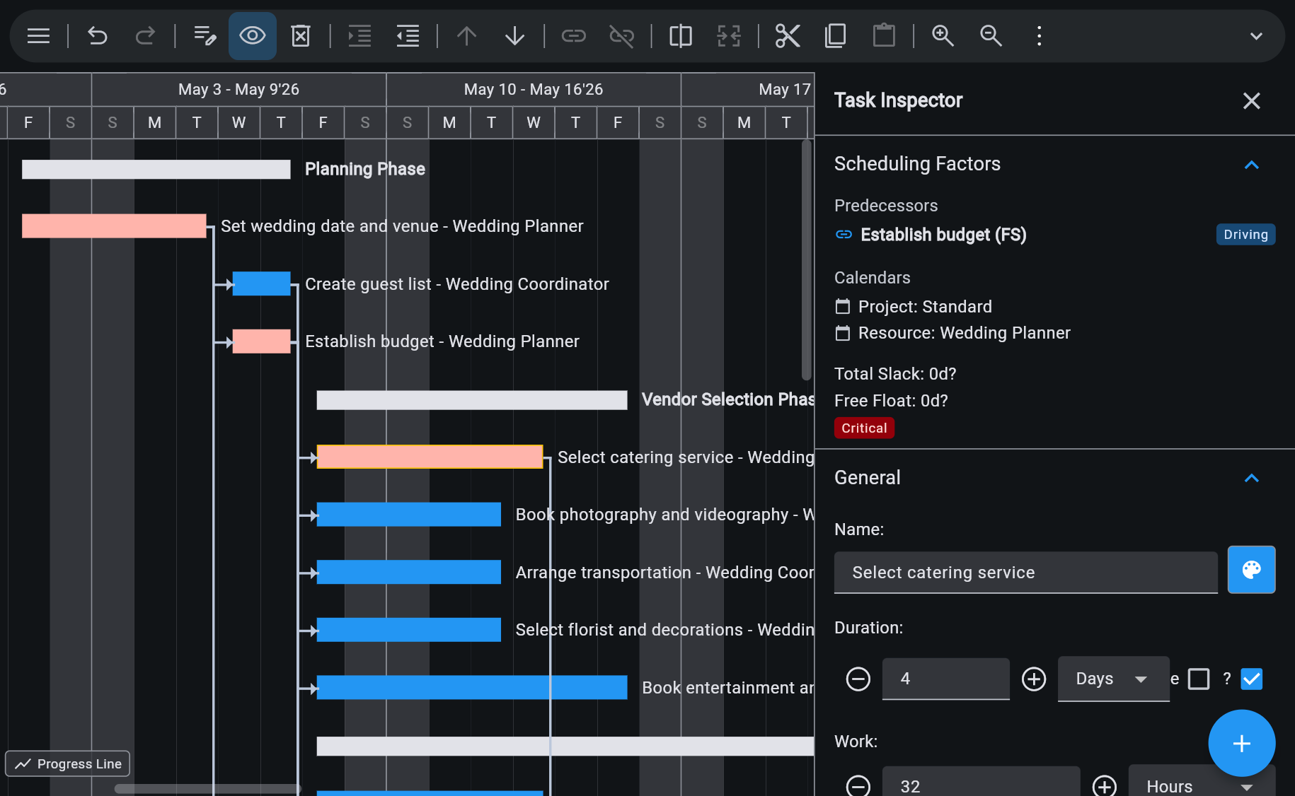 Ingantt Gantt chart with the critical path highlighted, task predecessors and slack shown in the Task Inspector side panel