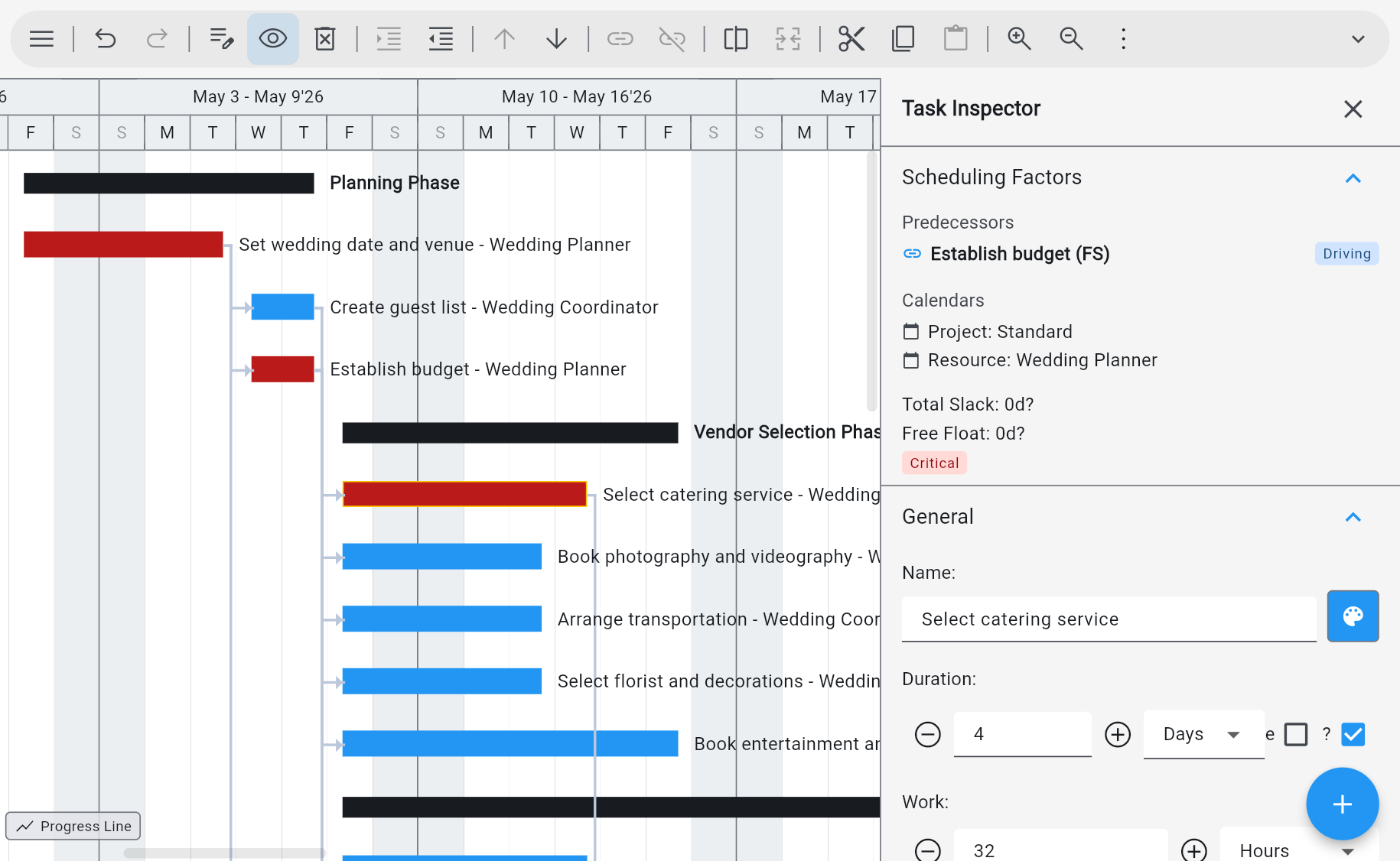 Ingantt Gantt chart with the critical path highlighted, task predecessors and slack shown in the Task Inspector side panel