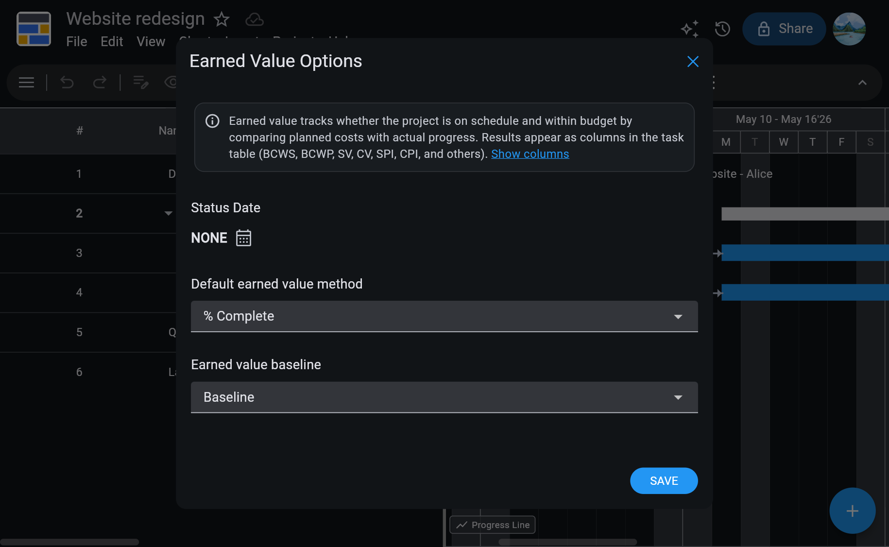 Ingantt Earned Value Options dialog — set Status Date, default EV method (% Complete), and EV baseline; the explanation notes that EV compares planned costs with actual progress and surfaces BCWS, BCWP, SV, CV, SPI, CPI, and other columns in the task table