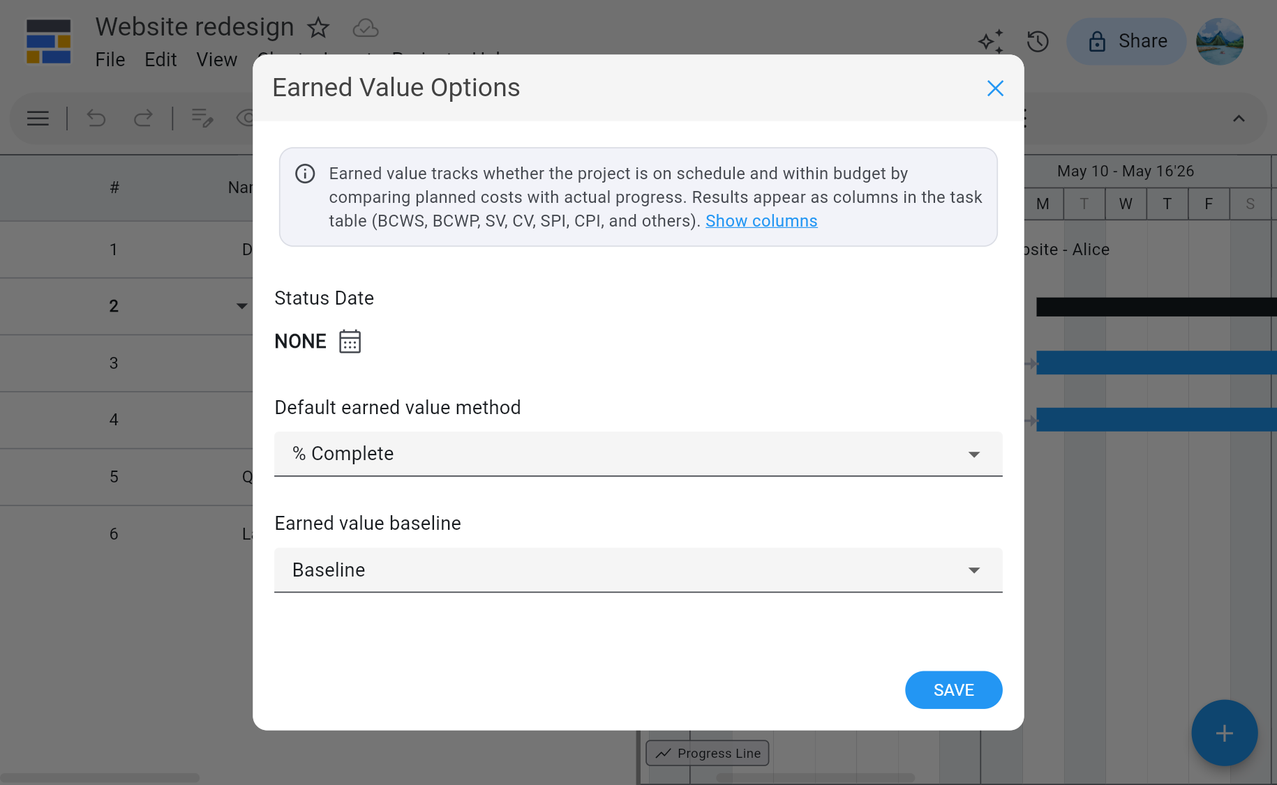 Ingantt Earned Value Options dialog — set Status Date, default EV method (% Complete), and EV baseline; the explanation notes that EV compares planned costs with actual progress and surfaces BCWS, BCWP, SV, CV, SPI, CPI, and other columns in the task table