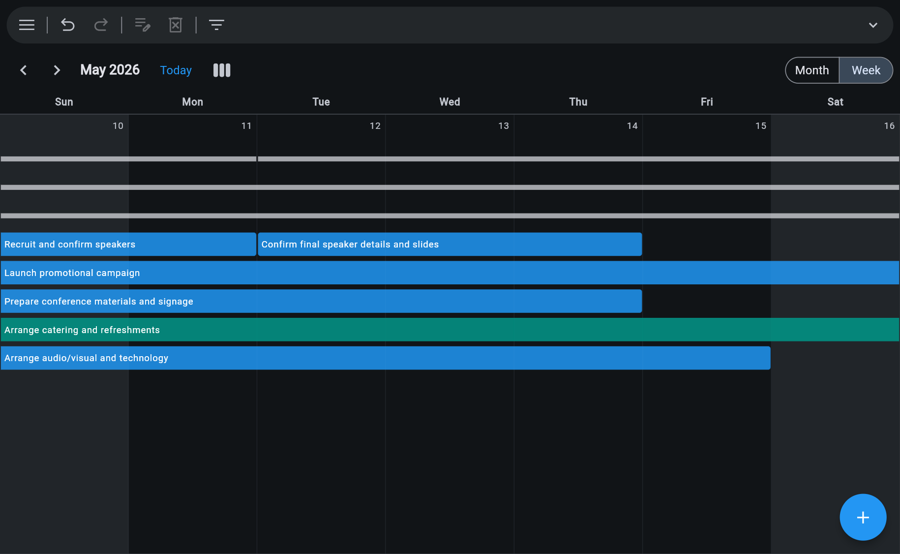 Ingantt Calendar view in Week mode for May 10–16 2026 with multi-day task bars for Recruit and confirm speakers, Confirm final speaker details and slides, Launch promotional campaign, and more — Month and Week toggles at top-right