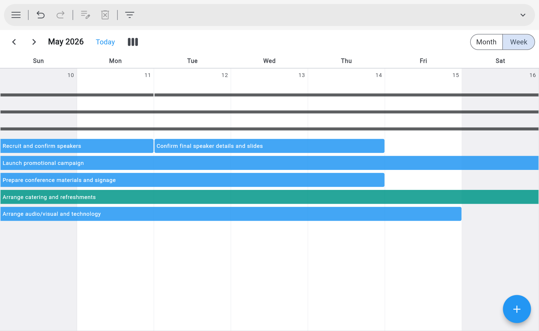 Ingantt Calendar view in Week mode for May 10–16 2026 with multi-day task bars for Recruit and confirm speakers, Confirm final speaker details and slides, Launch promotional campaign, and more — Month and Week toggles at top-right