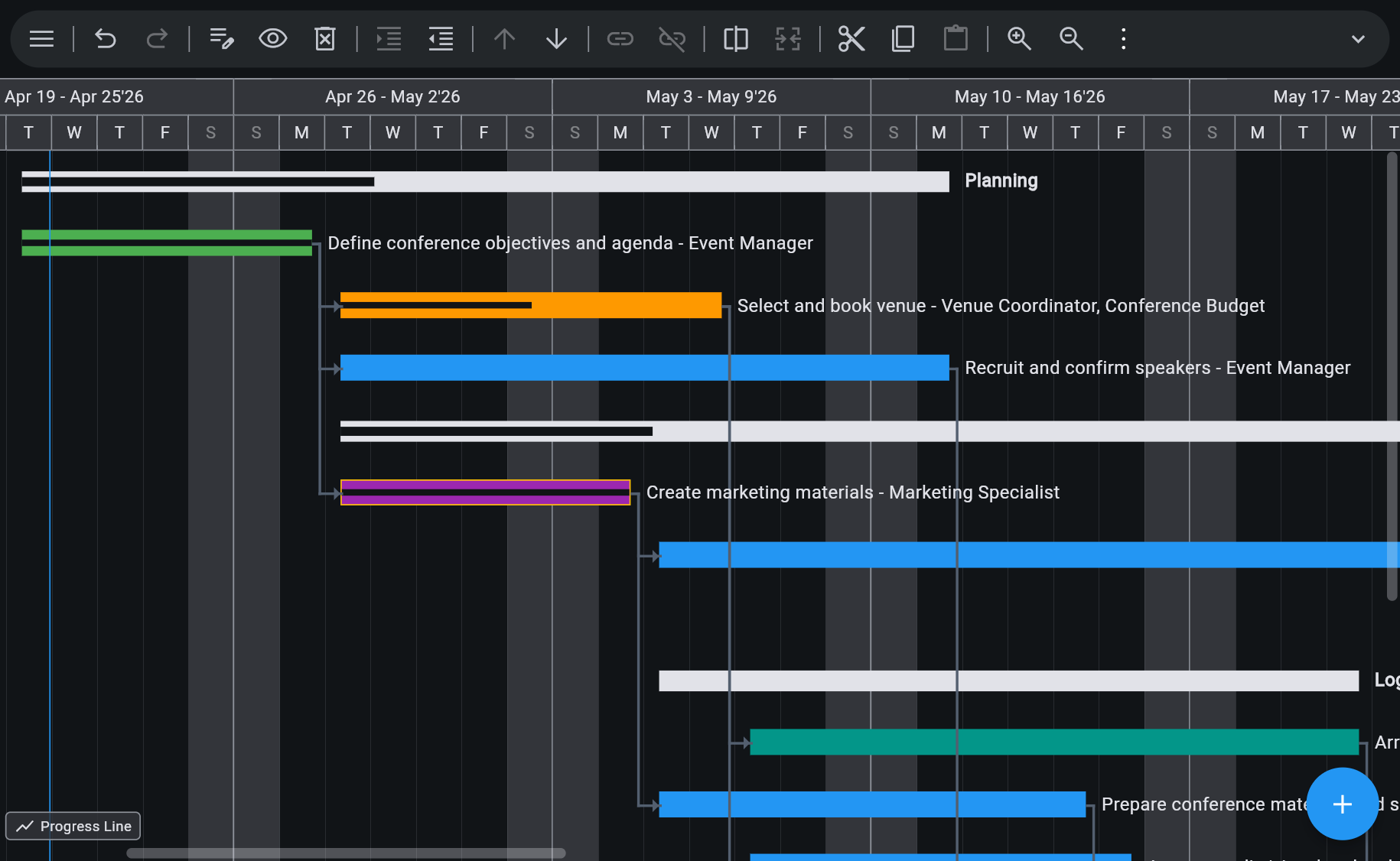 Ingantt Gantt Chart view — Planning phase with Define objectives, Select and book venue, Recruit speakers, Create marketing materials, and Logistics tasks across April–May 2026 with dependency arrows and per-assignee labels