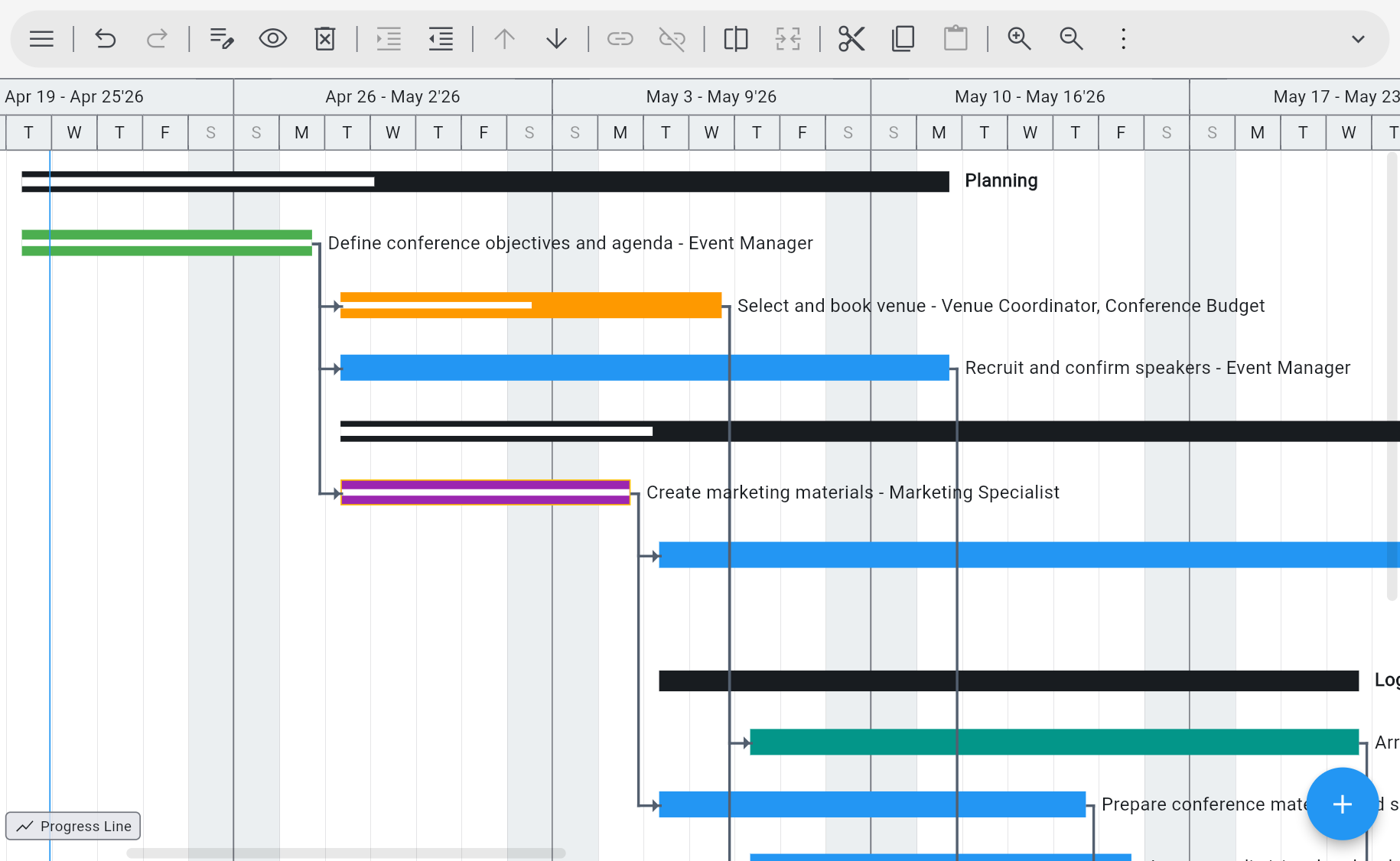 Ingantt Gantt Chart view — Planning phase with Define objectives, Select and book venue, Recruit speakers, Create marketing materials, and Logistics tasks across April–May 2026 with dependency arrows and per-assignee labels