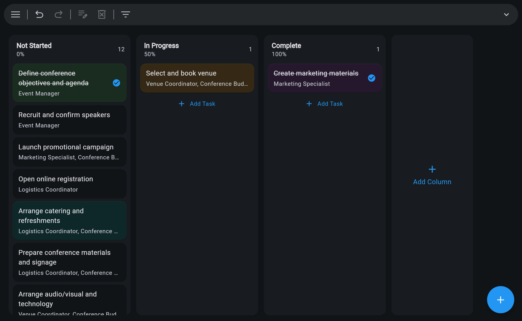 Ingantt Task Board view — Kanban columns for Not Started, In Progress, and Complete with conference-planning task cards showing owner and progress, and completed tasks struck through