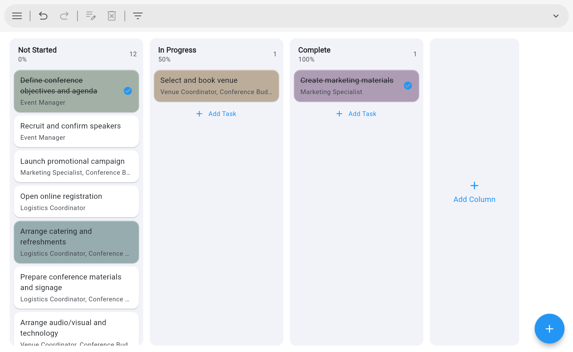 Ingantt Task Board view — Kanban columns for Not Started, In Progress, and Complete with conference-planning task cards showing owner and progress, and completed tasks struck through