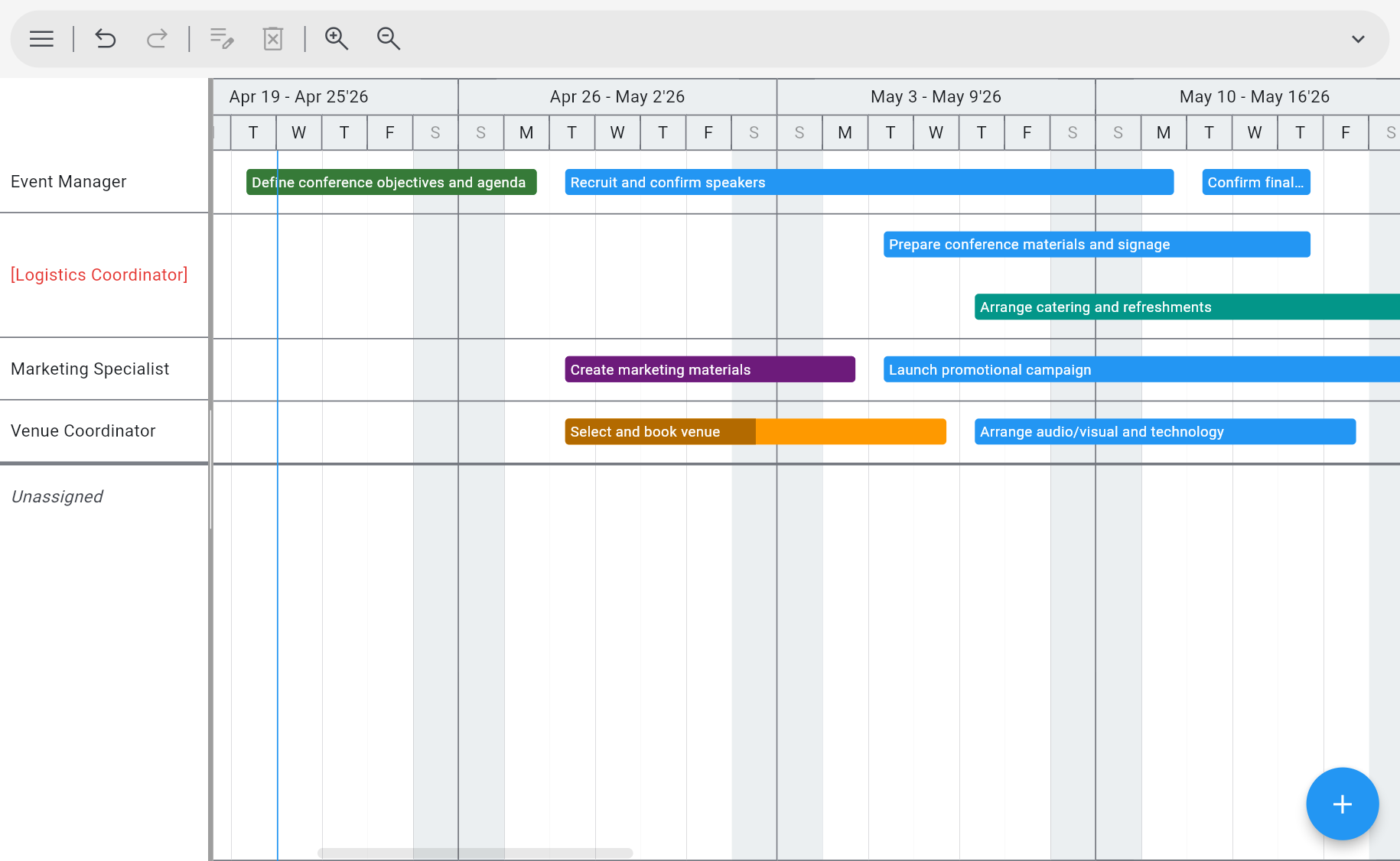 Ingantt Team Planner view — one row per resource (Event Manager, Logistics Coordinator, Marketing Specialist, Venue Coordinator, Unassigned) with their tasks laid out across Apr–May 2026; overallocated resources are flagged in red