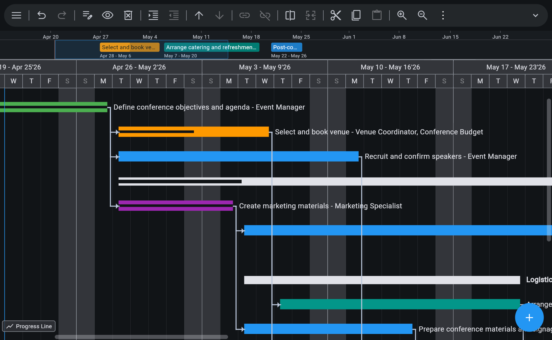 Ingantt Timeline strip above the Gantt chart — pill-shaped callouts for Select and book venue, Arrange catering and refreshments, and Post-op across Apr–Jun 2026, with the full task detail in the Gantt chart below