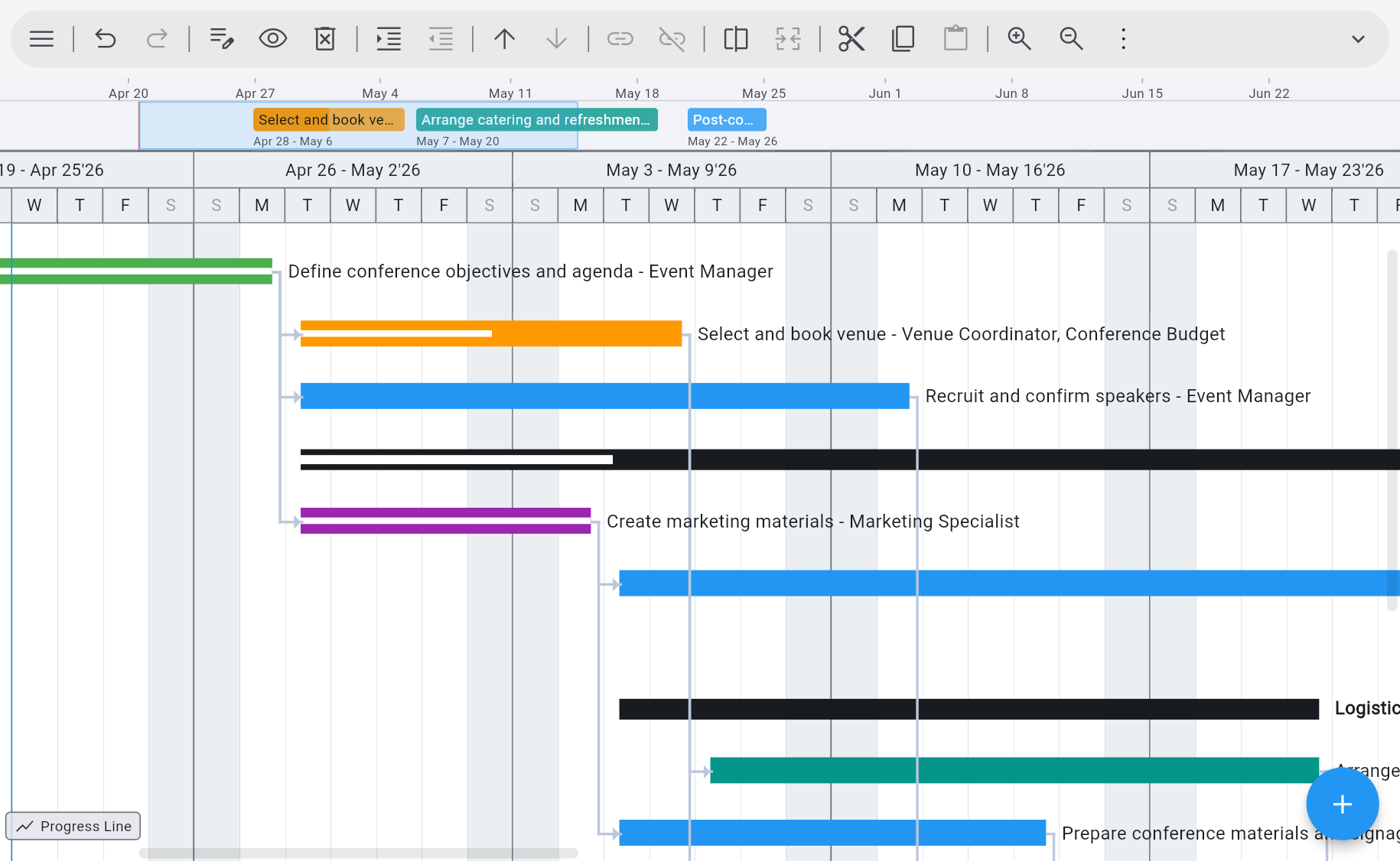 Ingantt Timeline strip above the Gantt chart — pill-shaped callouts for Select and book venue, Arrange catering and refreshments, and Post-op across Apr–Jun 2026, with the full task detail in the Gantt chart below
