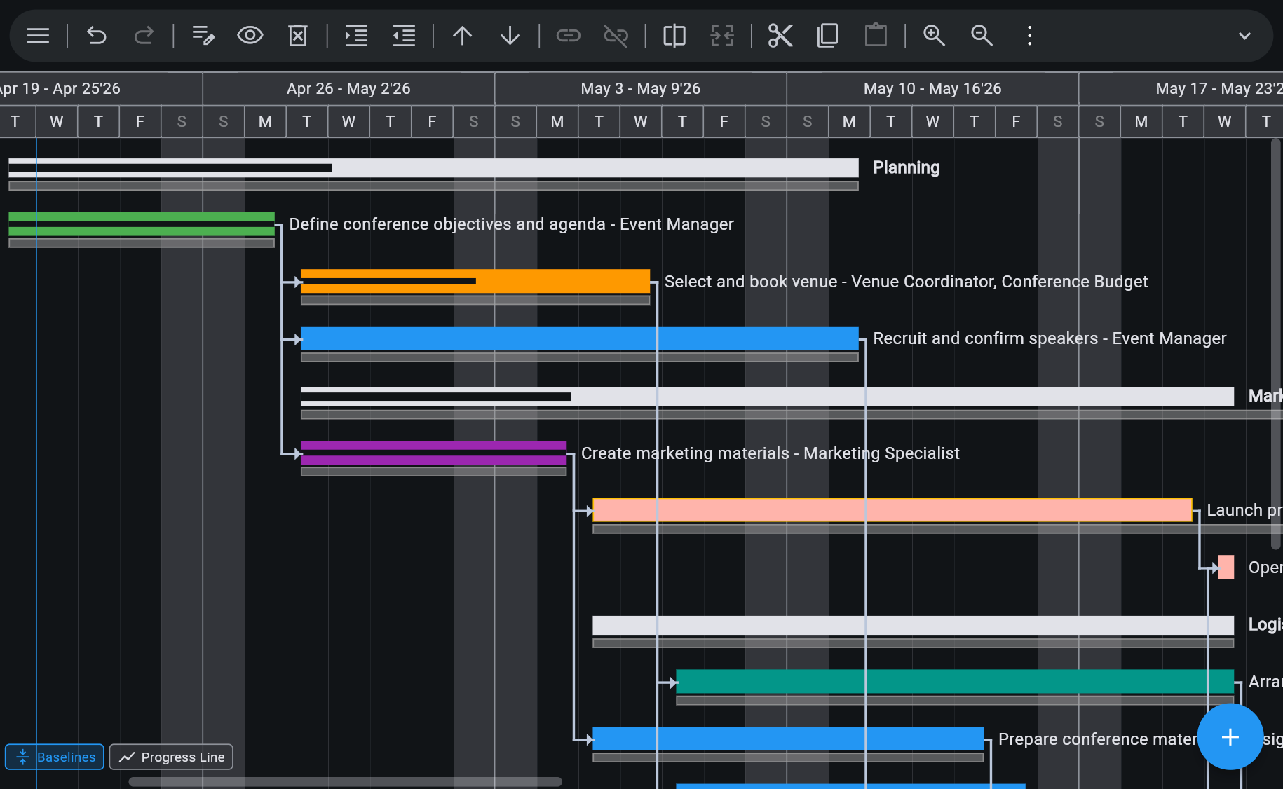 Ingantt Tracking Gantt — each task shows its colored current schedule bar with a thinner black baseline bar beneath it, revealing variance between planned and actual; Baselines and Progress Line toggles at the bottom-left