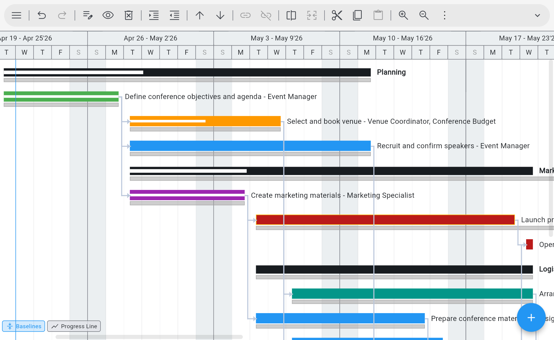 Ingantt Tracking Gantt — each task shows its colored current schedule bar with a thinner black baseline bar beneath it, revealing variance between planned and actual; Baselines and Progress Line toggles at the bottom-left